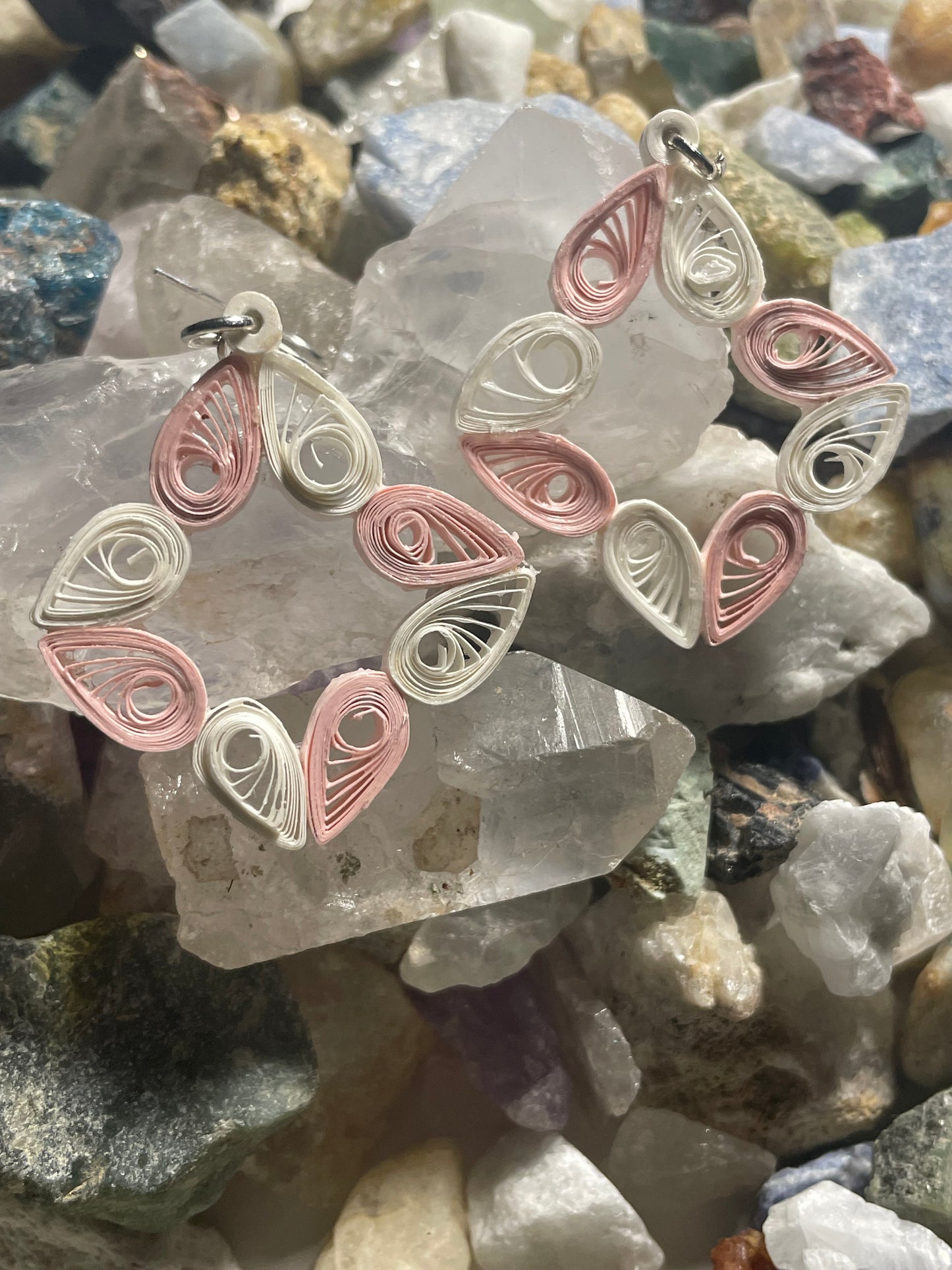 Quilled Pink and White Heart Dangle Earrings