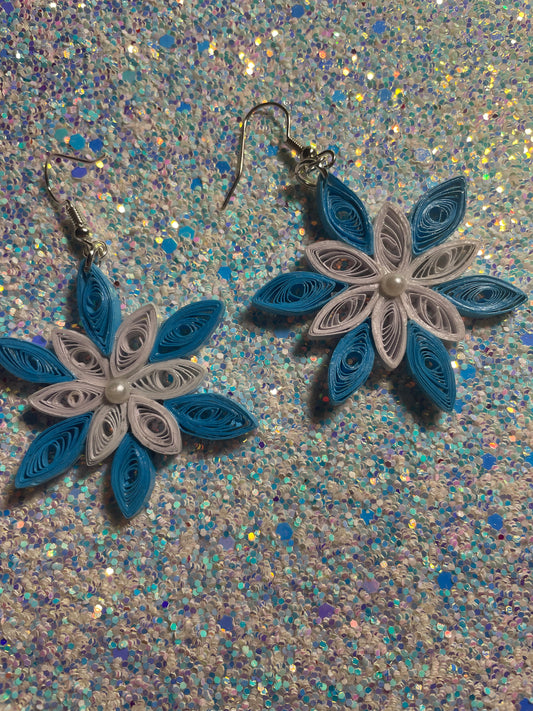 Quilled Teal and White Snowflake Earrings