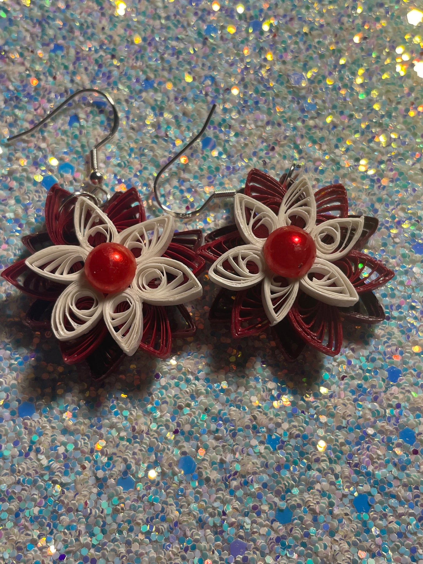 Quilled 3 layer ponsetta dangle earring - Great for the holidays