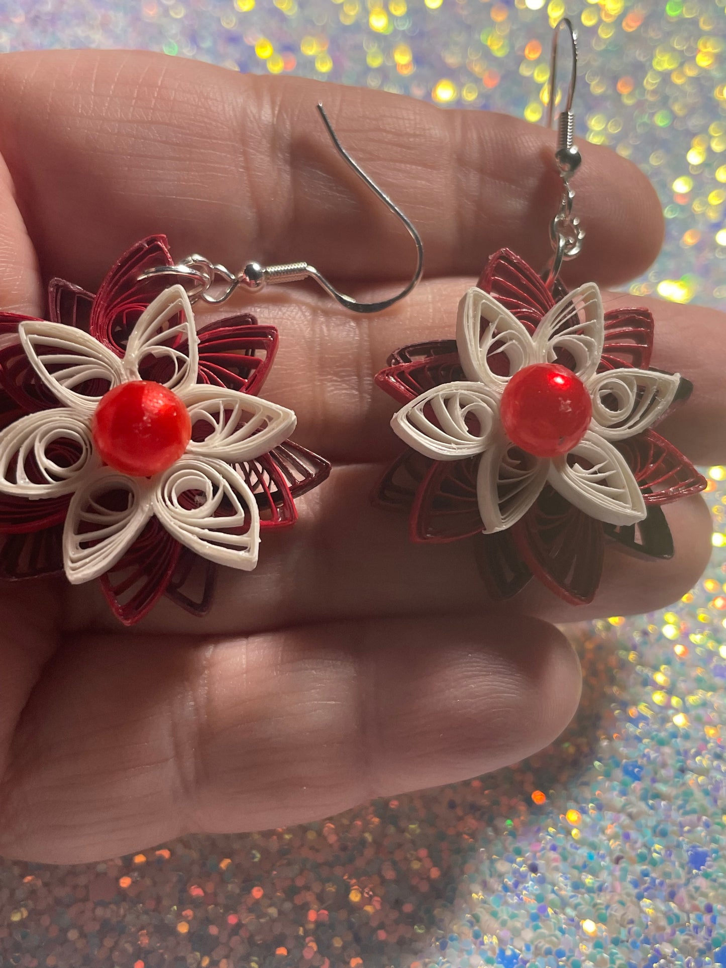 Quilled 3 layer ponsetta dangle earring - Great for the holidays