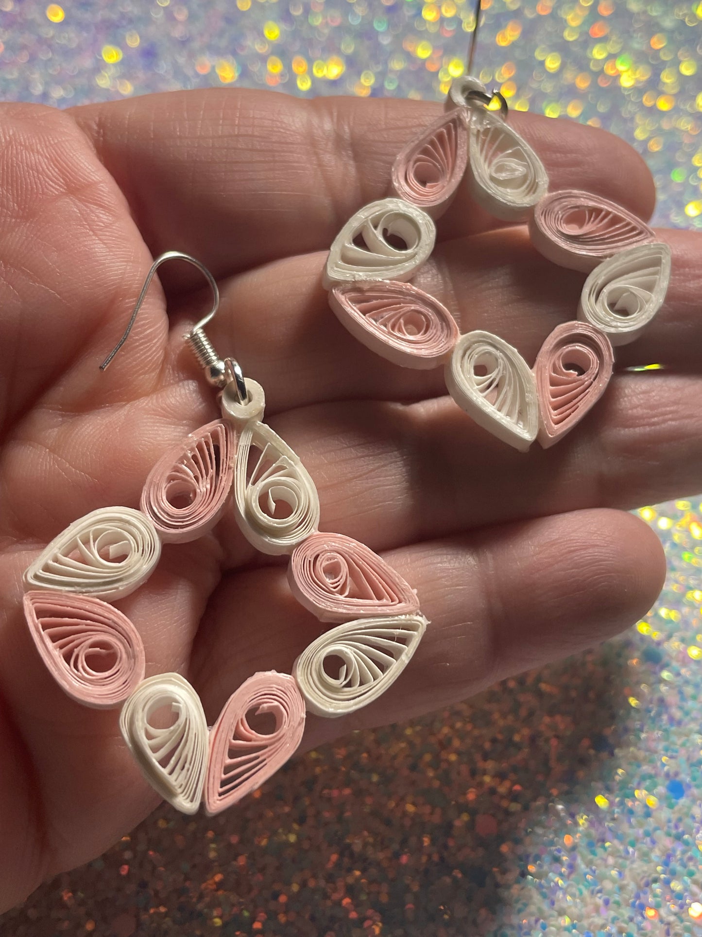 Quilled Pink and White Heart Dangle Earrings