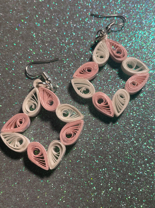 Quilled Pink and White Heart Dangle Earrings