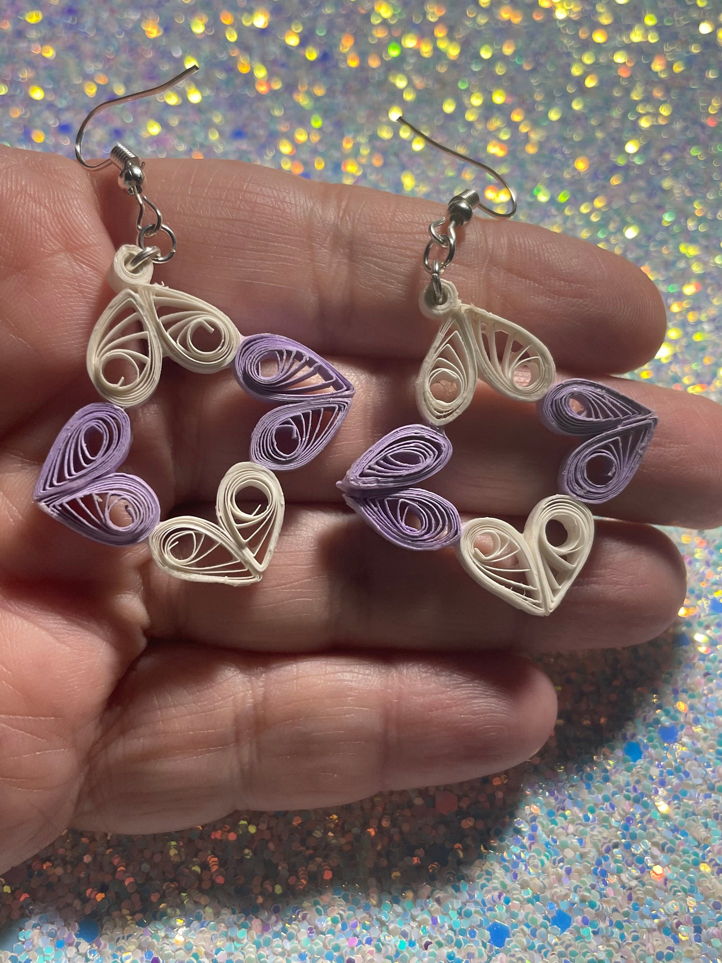 Quilled Purple and White Heart Square Dangle Earrings