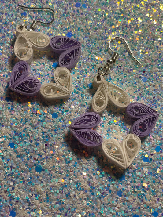 Quilled Purple and White Heart Square Dangle Earrings