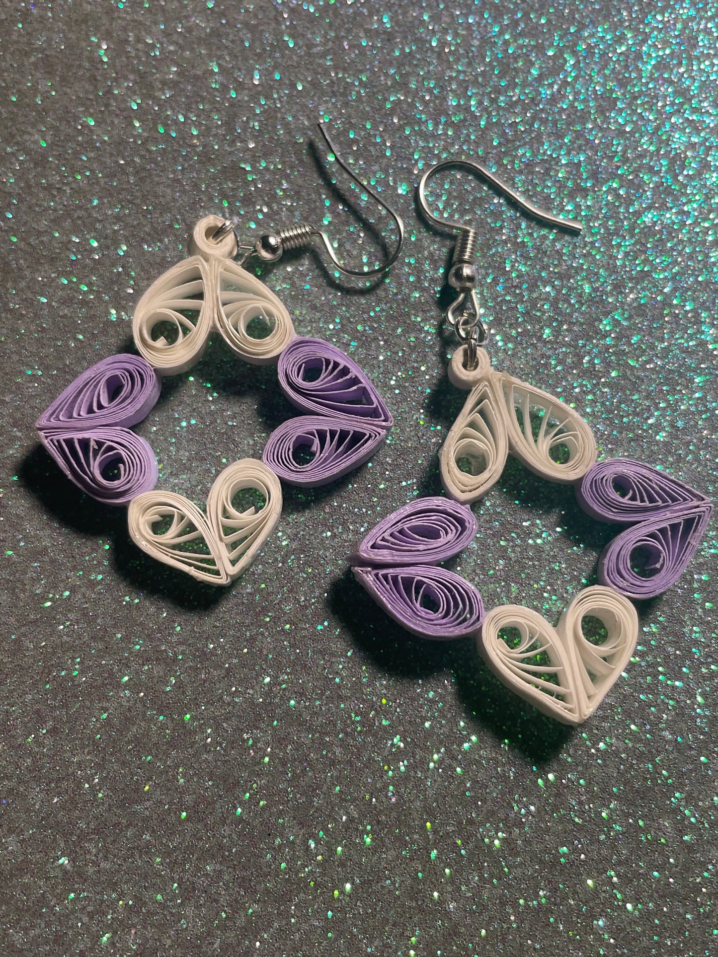 Quilled Purple and White Heart Square Dangle Earrings